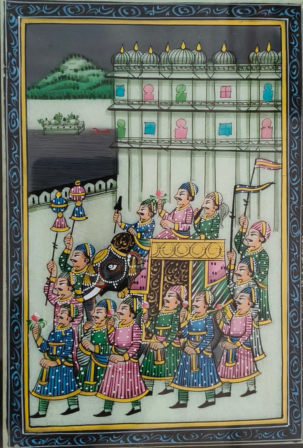 Royal Procession Marble Plate Painting – Traditional Rajasthani Miniature Art