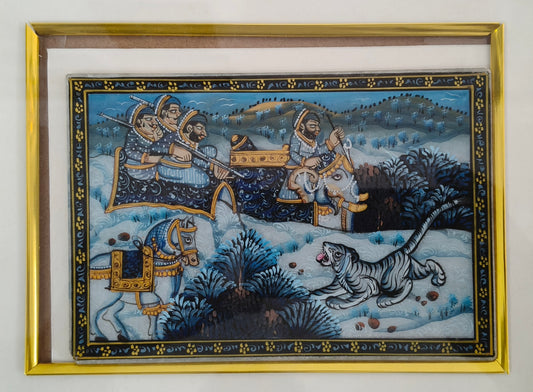 Royal Tiger Hunt Marble Plate Painting – Handcrafted Rajasthani Miniature Art
