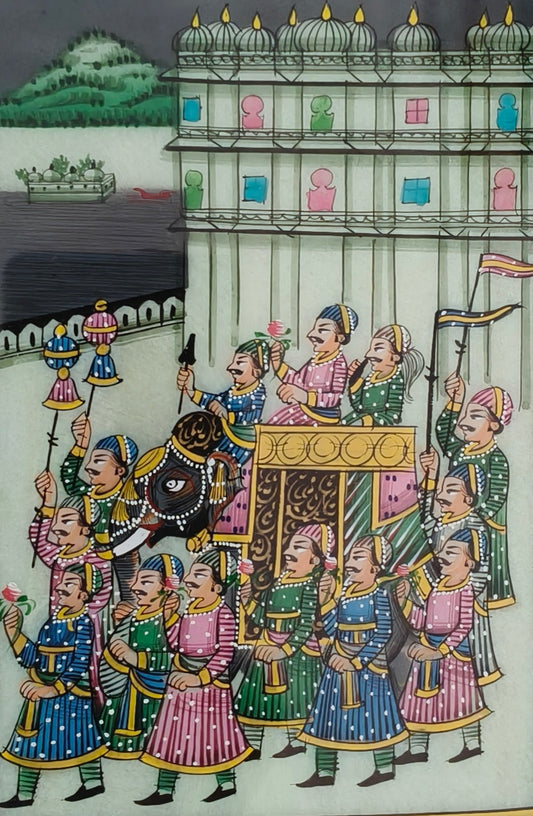 Royal Procession Marble Plate Painting – Traditional Rajasthani Miniature Art