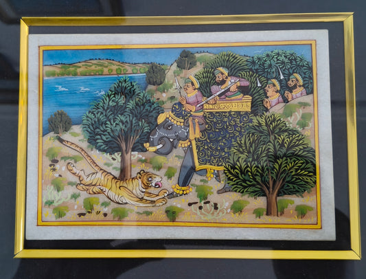 Royal Elephant and Tiger Marble Plate Painting – Handcrafted Heritage Miniature Art