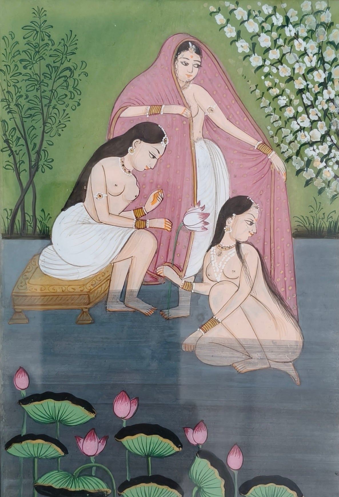 Royal Ladies at Lotus Pond Marble Plate Painting – Traditional Rajasthani Miniature Art