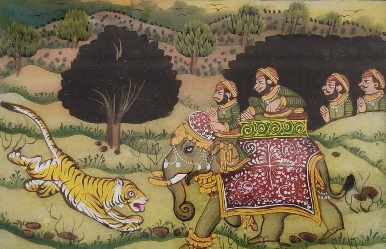 Royal Elephant Hunt Scene Marble Plate Painting – Handcrafted Traditional Marble Art