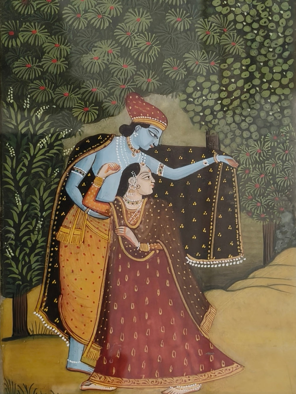 Krishna Protecting Radha Marble Plate Painting – Traditional Rajasthani Miniature Art