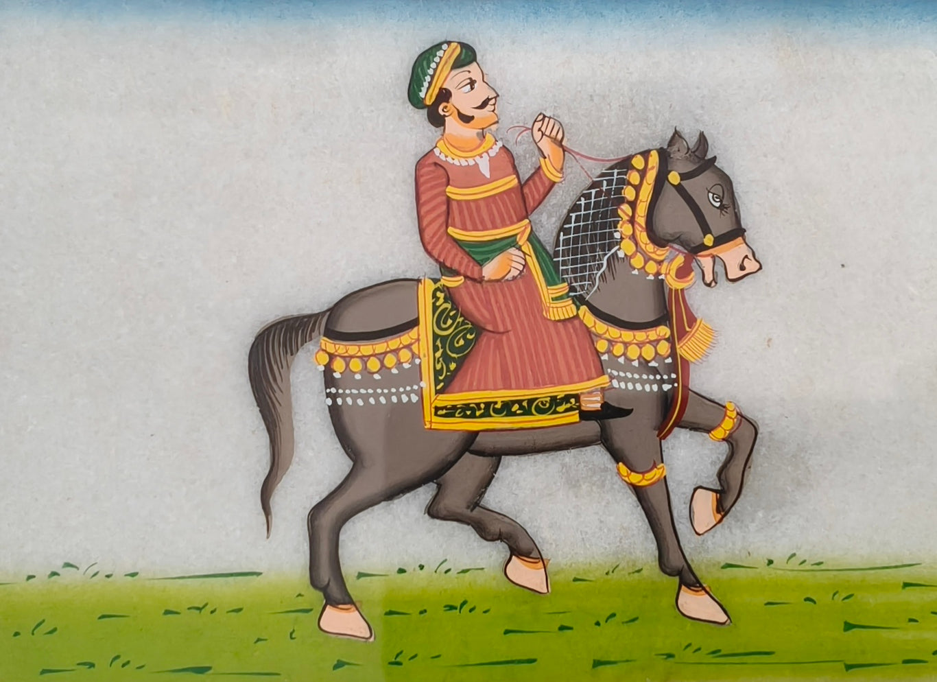 Royal Horse Rider Marble Plate Painting – Traditional Rajasthani Miniature Art