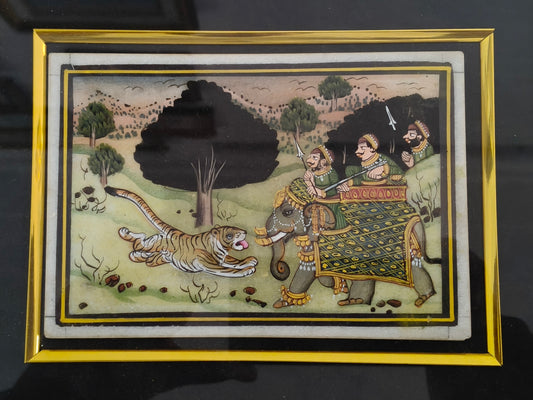 Royal Elephant and Tiger Marble Plate Painting – Handcrafted Heritage Miniature Art