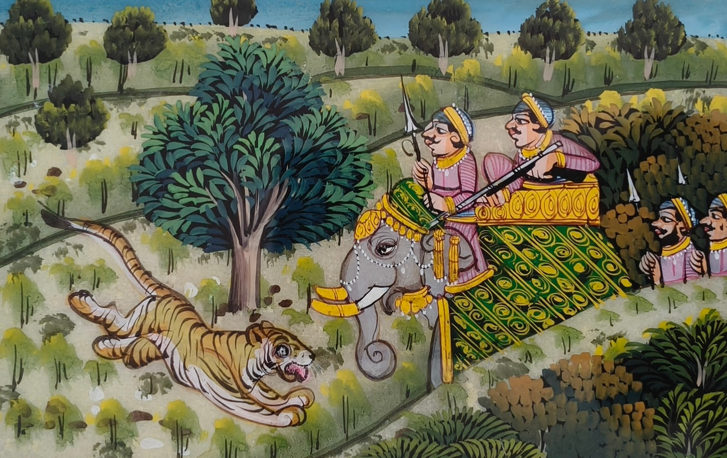 Royal Tiger Safari Marble Plate Painting – Handcrafted Rajasthani Miniature Wall Décor
