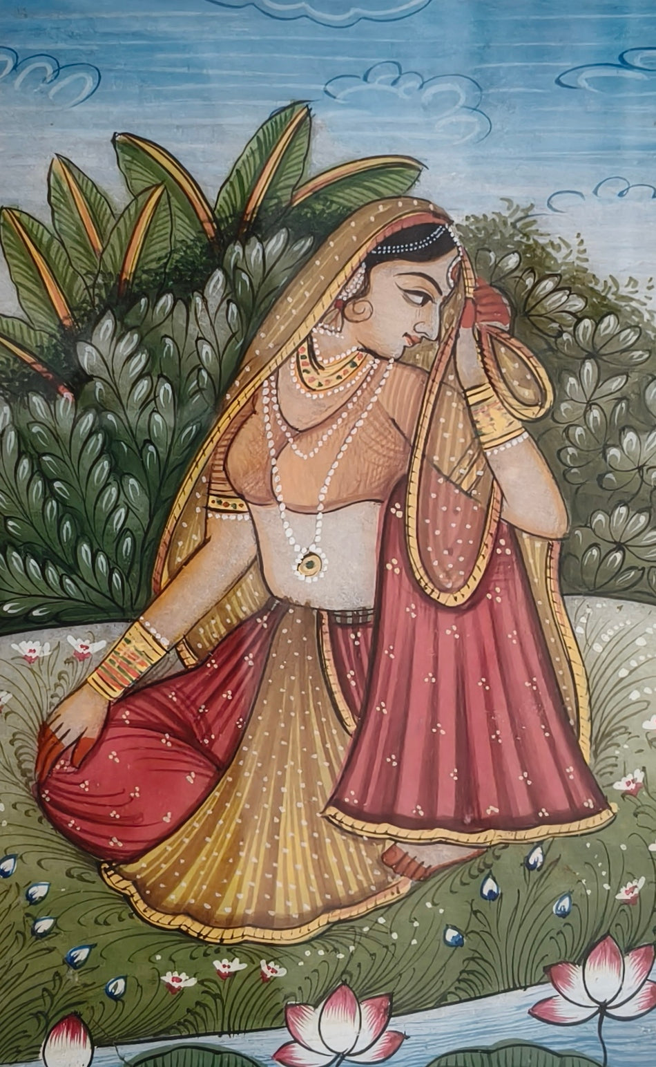 Graceful Lady with Lotus Marble Plate Painting – Handcrafted Rajasthani Miniature Wall Art