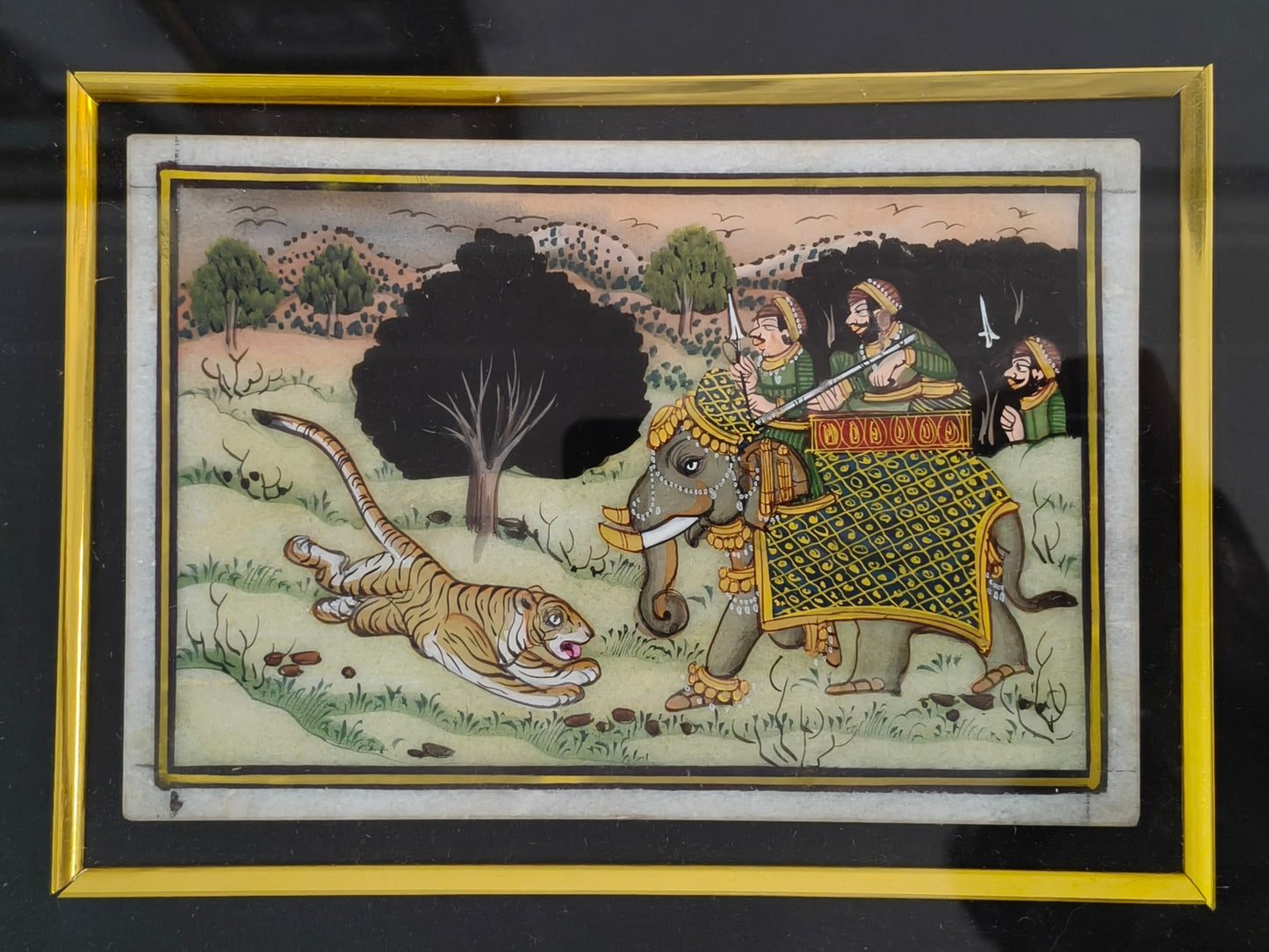 Royal Elephant and Tiger Battle Marble Plate Painting – Classic Rajasthani Miniature Artwork