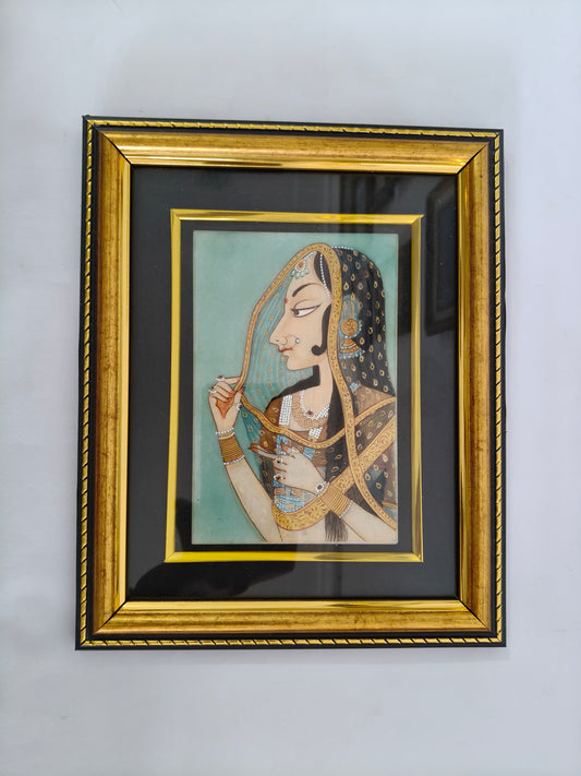 Traditional Rajasthani Lady Marble Plate Painting – Elegant Miniature Portrait