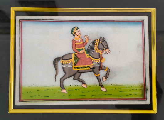 Royal Horse Rider Marble Plate Painting – Traditional Rajasthani Miniature Art