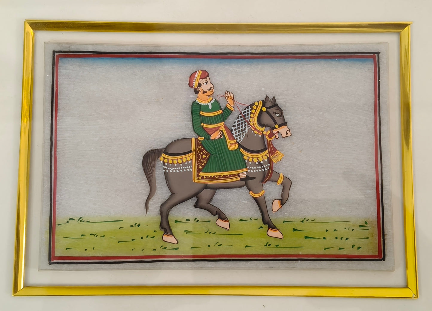 Royal Horse Rider Marble Plate Painting – Traditional Rajasthani Miniature Art