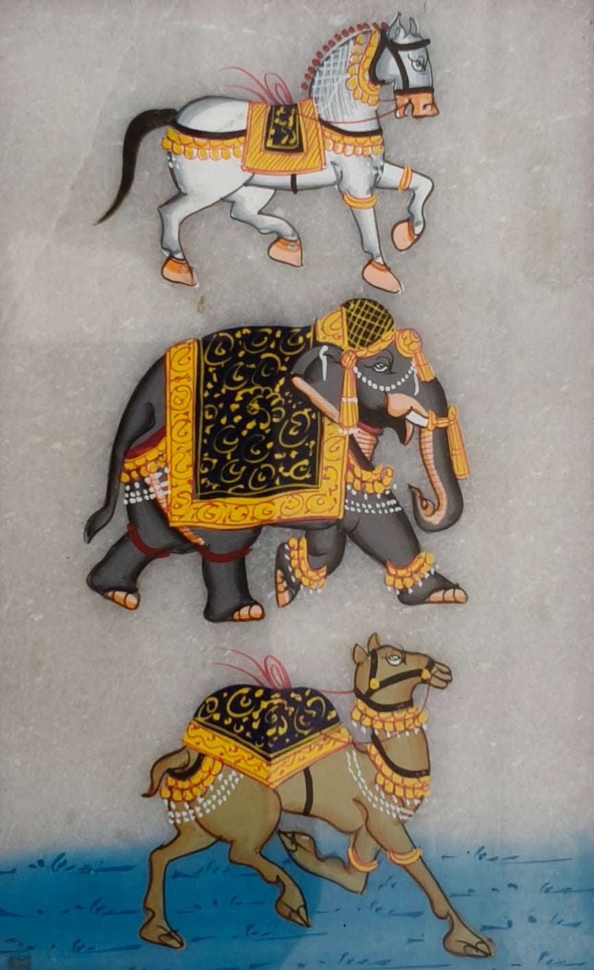 Royal Animal Procession Marble Plate Painting
