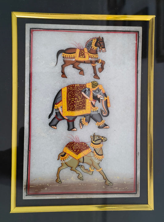 Royal Animal Procession Marble Plate Painting