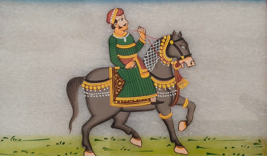 Royal Horse Rider Marble Plate Painting – Traditional Rajasthani Miniature Art