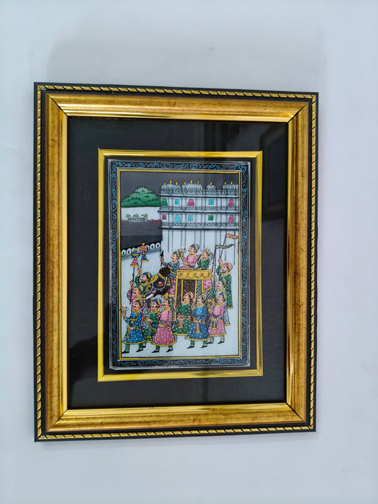Royal Procession Marble Plate Painting – Traditional Rajasthani Miniature Art