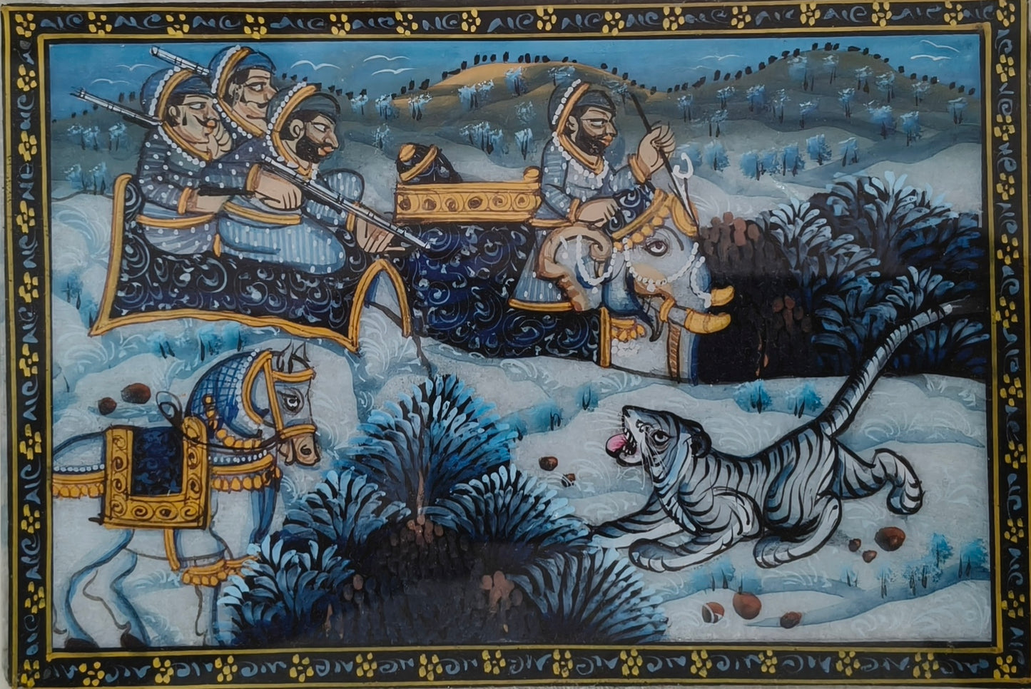 Royal Tiger Hunt Marble Plate Painting – Handcrafted Rajasthani Miniature Art