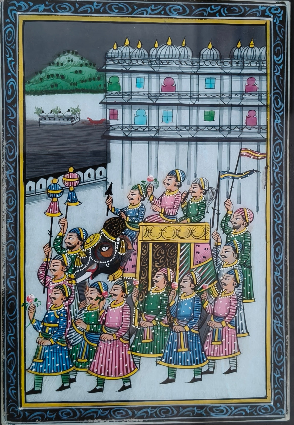 Royal Procession Marble Plate Painting – Traditional Rajasthani Miniature Art