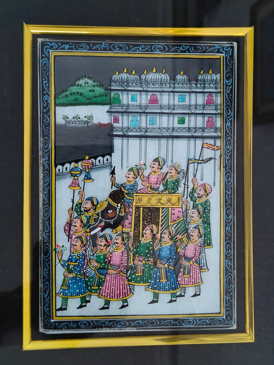 Royal Procession Marble Plate Painting – Traditional Rajasthani Miniature Art