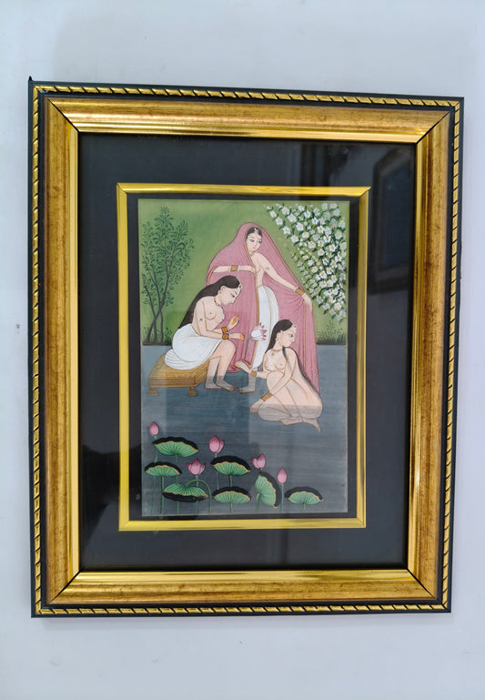 Royal Ladies at Lotus Pond Marble Plate Painting – Traditional Rajasthani Miniature Art