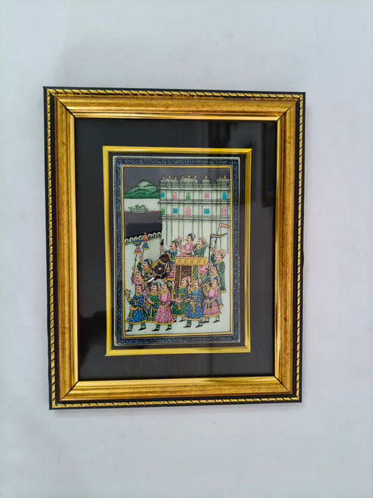 Royal Procession Marble Plate Painting – Traditional Rajasthani Miniature Art