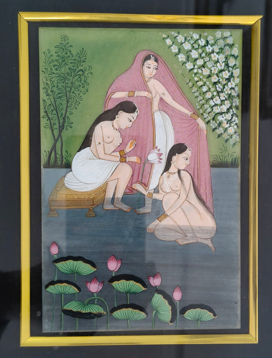 Royal Ladies at Lotus Pond Marble Plate Painting – Traditional Rajasthani Miniature Art