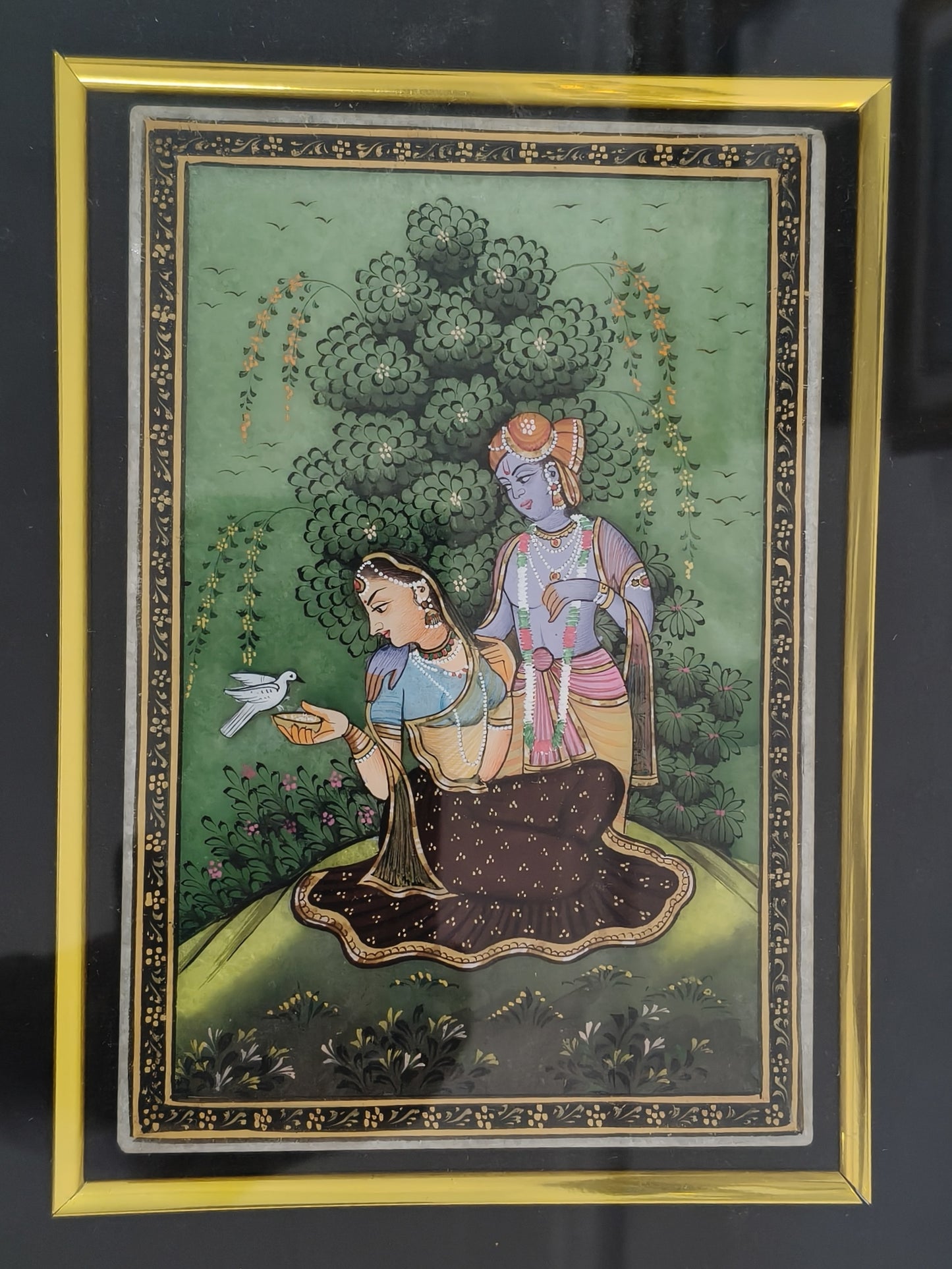 Radha Krishna Marble Plate Painting with Dove – Handcrafted Traditional Miniature Art