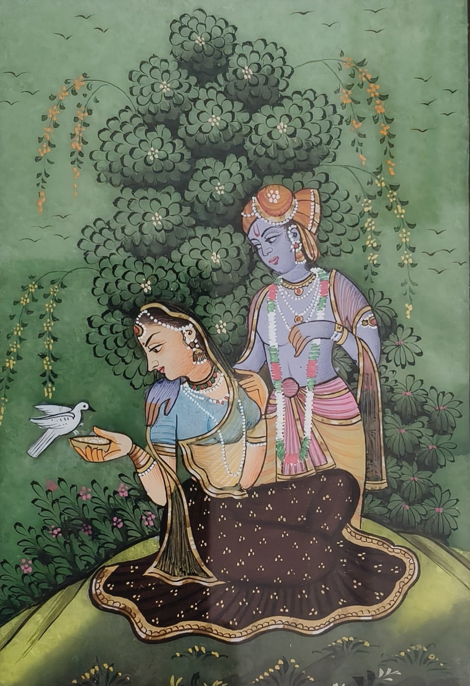 Radha Krishna Marble Plate Painting with Dove – Handcrafted Traditional Miniature Art