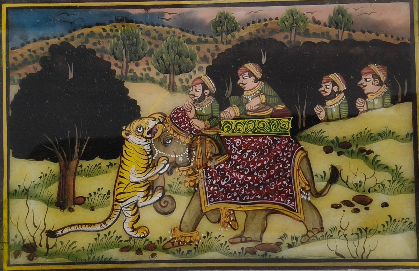 Royal Elephant Tiger Hunt Marble Plate Painting – Traditional Marble Miniature Artwork