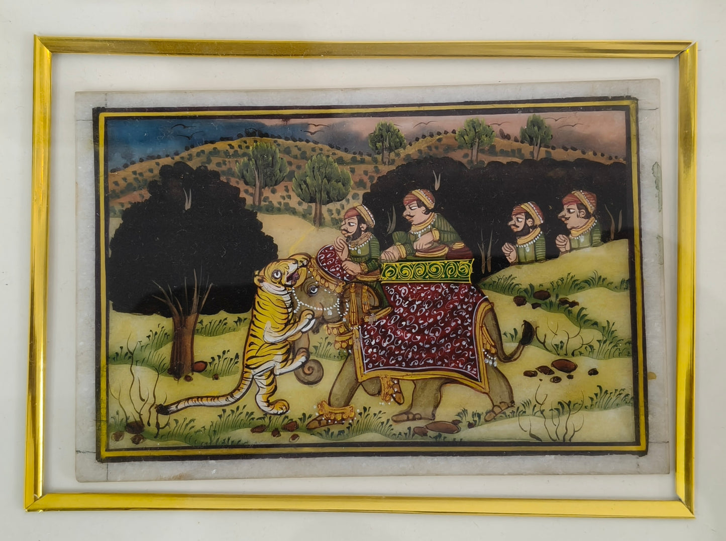 Royal Elephant Tiger Hunt Marble Plate Painting – Traditional Marble Miniature Artwork