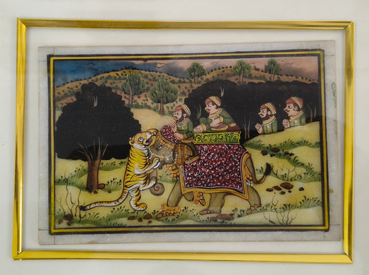 Royal Elephant Tiger Hunt Marble Plate Painting – Traditional Marble Miniature Artwork