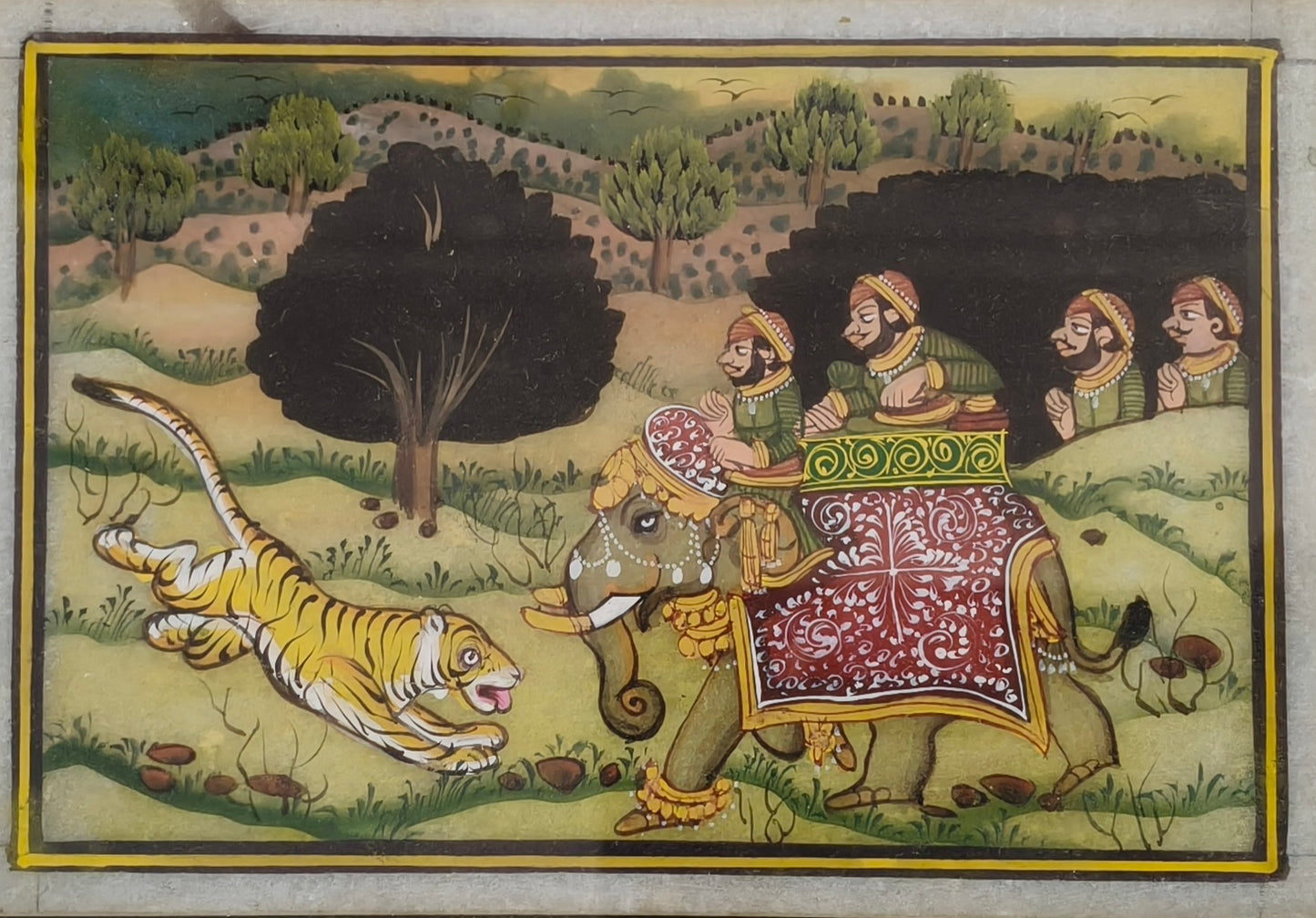 Royal Elephant Hunt Scene Marble Plate Painting – Handcrafted Traditional Marble Art