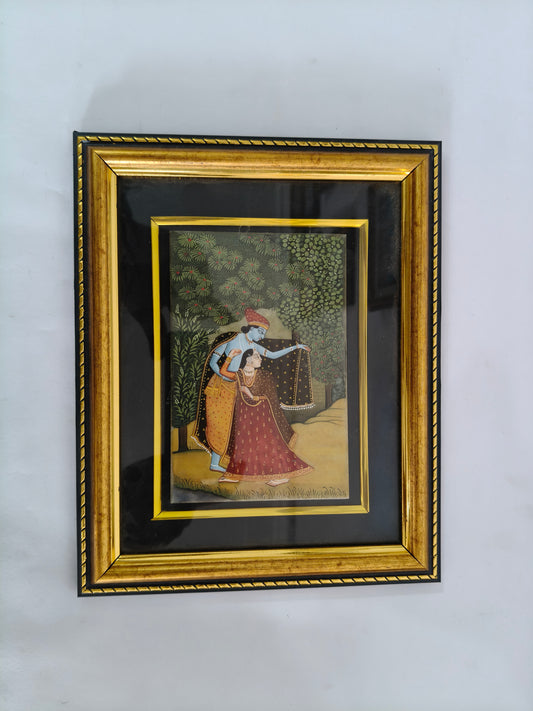 Krishna Protecting Radha Marble Plate Painting – Traditional Rajasthani Miniature Art