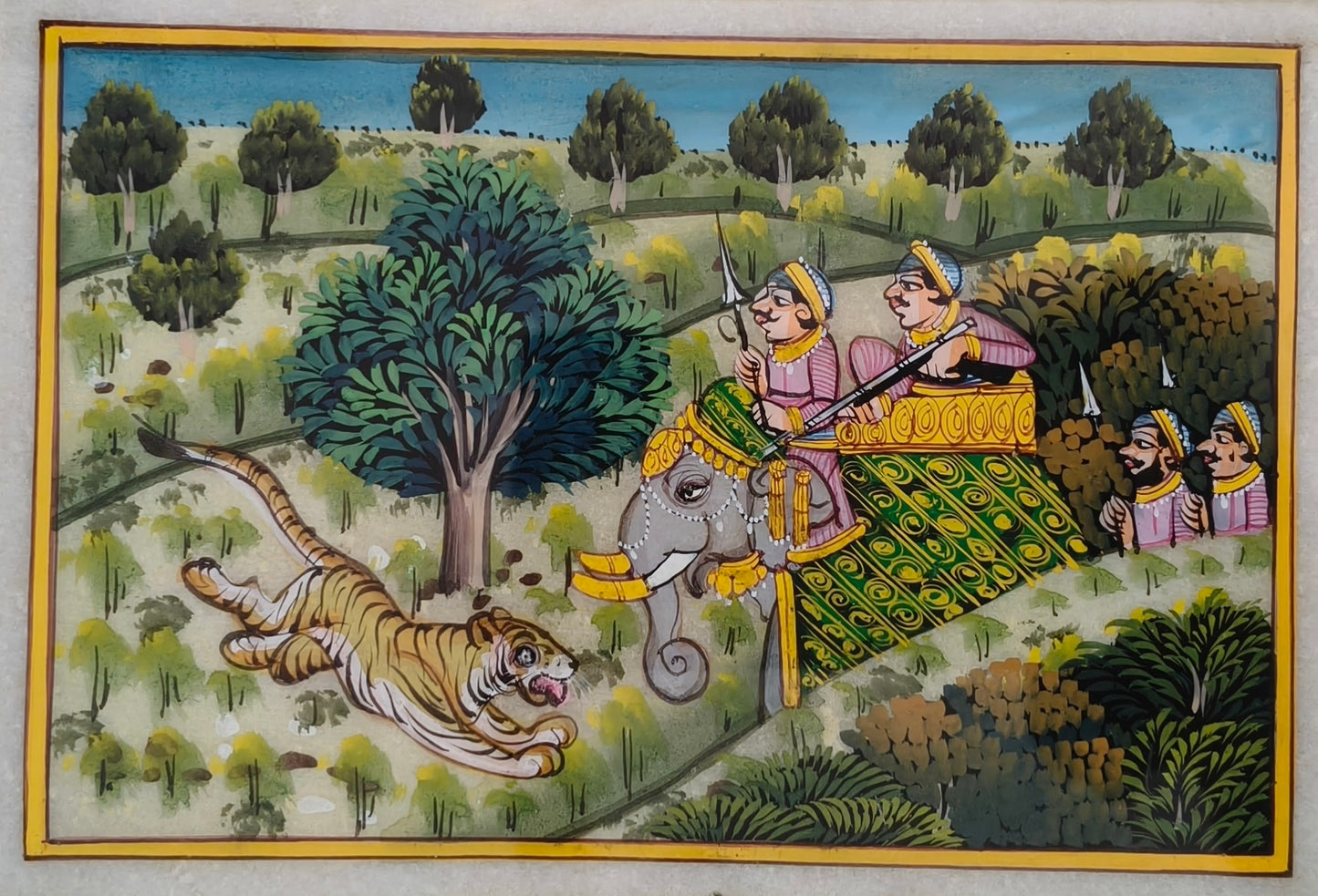 Royal Tiger Safari Marble Plate Painting – Handcrafted Rajasthani Miniature Wall Décor