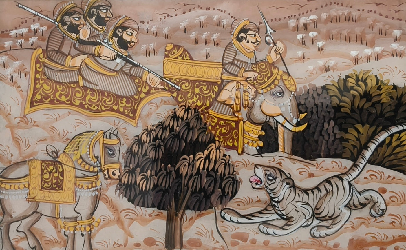 Vintage Royal Hunting Scene Marble Plate Painting – Traditional Indian Miniature Art