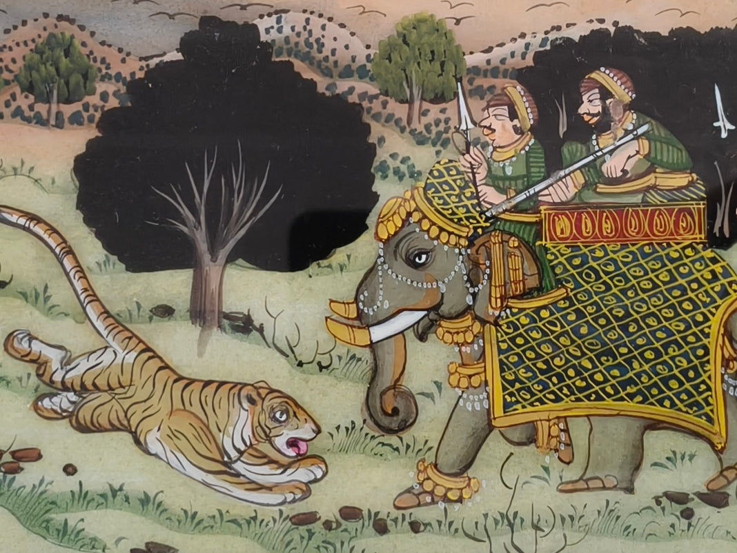 Royal Elephant and Tiger Battle Marble Plate Painting – Classic Rajasthani Miniature Artwork