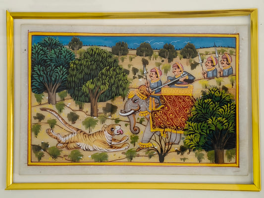Royal Elephant and Tiger Encounter Marble Plate Painting – Handcrafted Heritage Artwork
