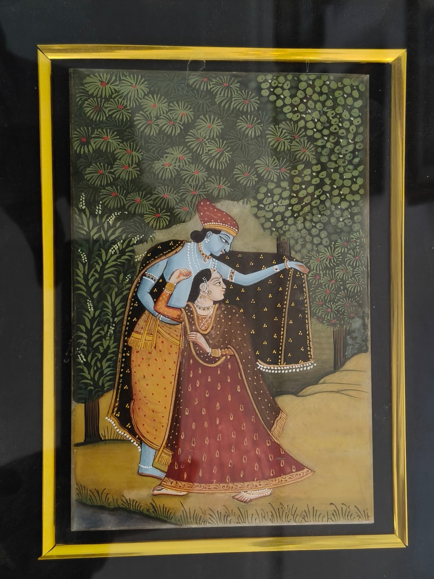 Krishna Protecting Radha Marble Plate Painting – Traditional Rajasthani Miniature Art
