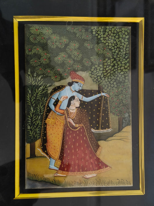 Krishna Protecting Radha Marble Plate Painting – Traditional Rajasthani Miniature Art