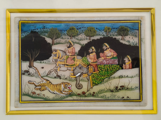 Royal Tiger Hunt Marble Plate Painting – Handcrafted Rajasthani Miniature Wall Art
