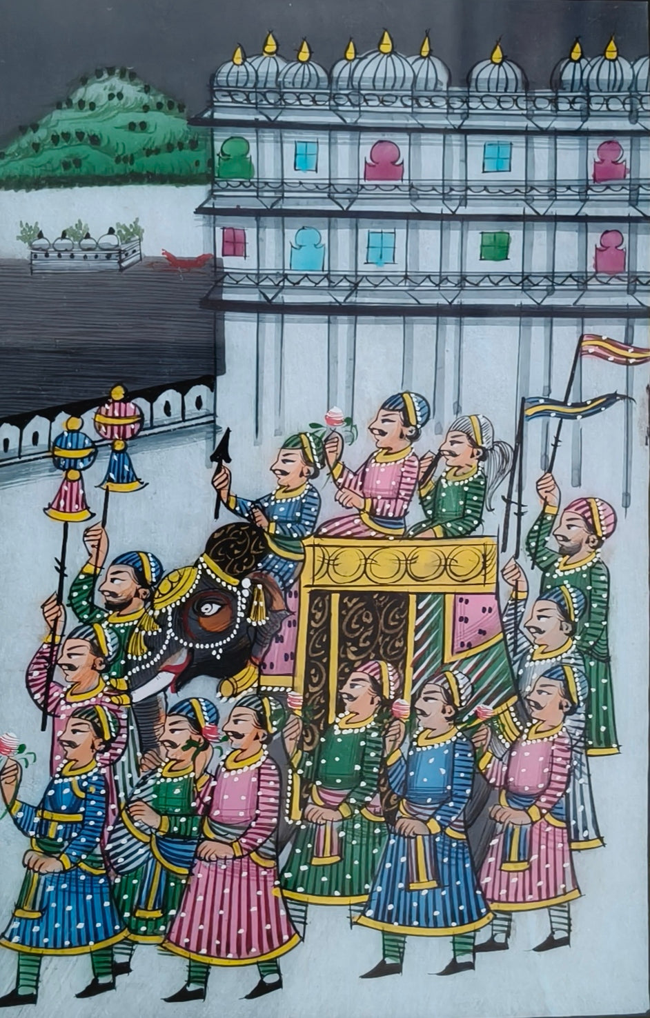 Royal Procession Marble Plate Painting – Traditional Rajasthani Miniature Art
