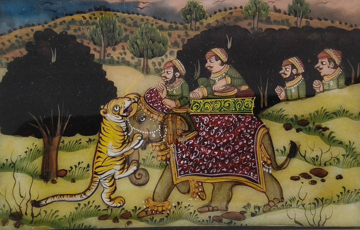 Royal Elephant Tiger Hunt Marble Plate Painting – Traditional Marble Miniature Artwork