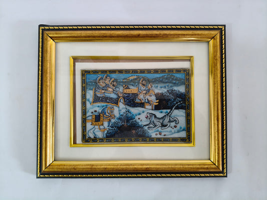 Royal Tiger Hunt Marble Plate Painting – Handcrafted Rajasthani Miniature Art