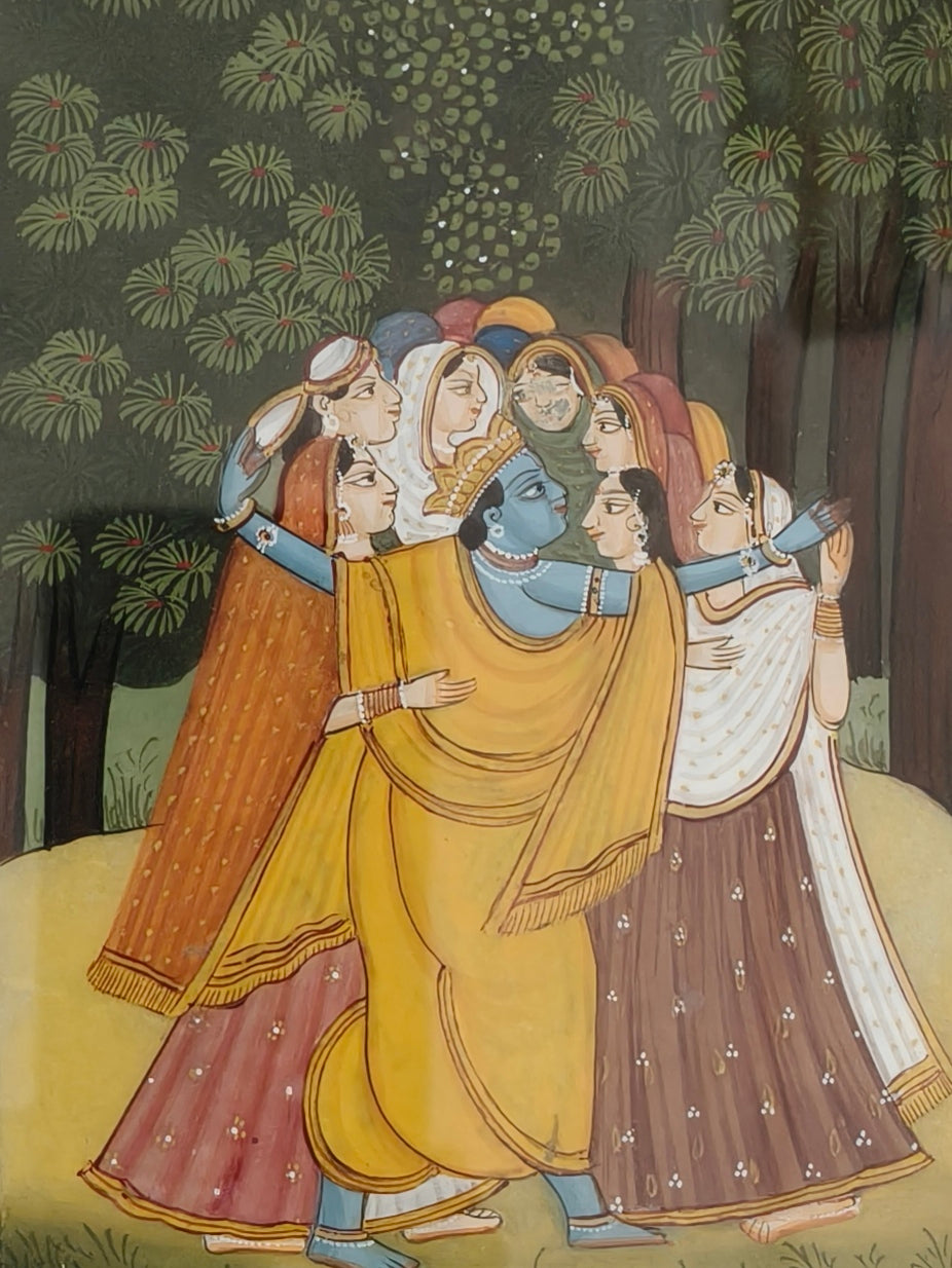 Krishna with Gopis Marble Plate Painting – Handcrafted Traditional Miniature Wall Art