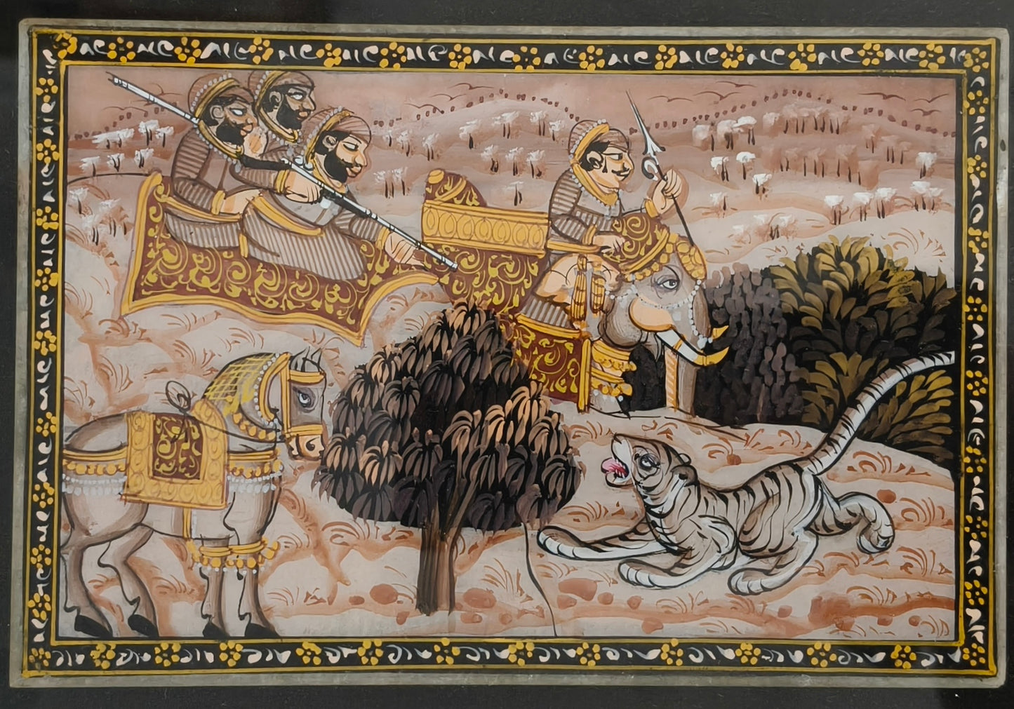 Vintage Royal Hunting Scene Marble Plate Painting – Traditional Indian Miniature Art