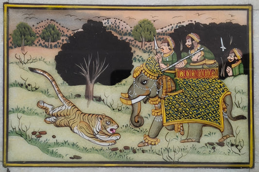 Royal Elephant and Tiger Battle Marble Plate Painting – Classic Rajasthani Miniature Artwork