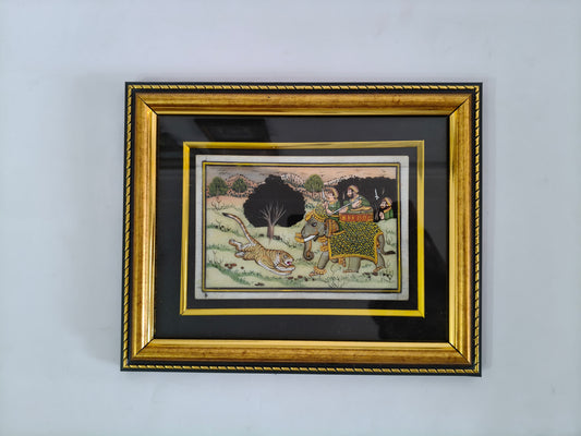 Royal Elephant and Tiger Battle Marble Plate Painting – Classic Rajasthani Miniature Artwork