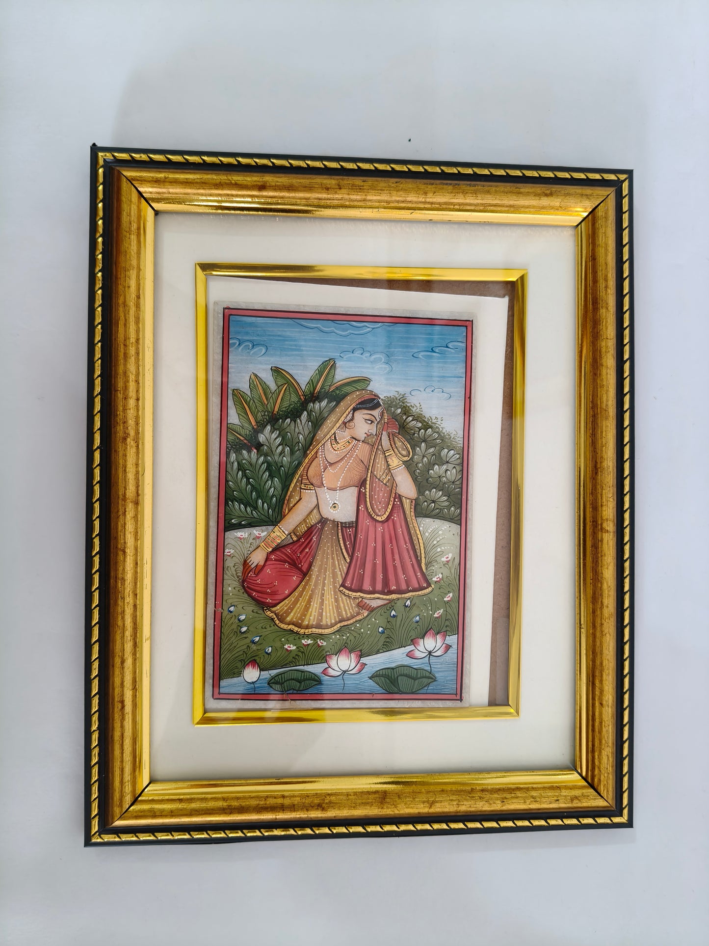 Graceful Lady with Lotus Marble Plate Painting – Handcrafted Rajasthani Miniature Wall Art
