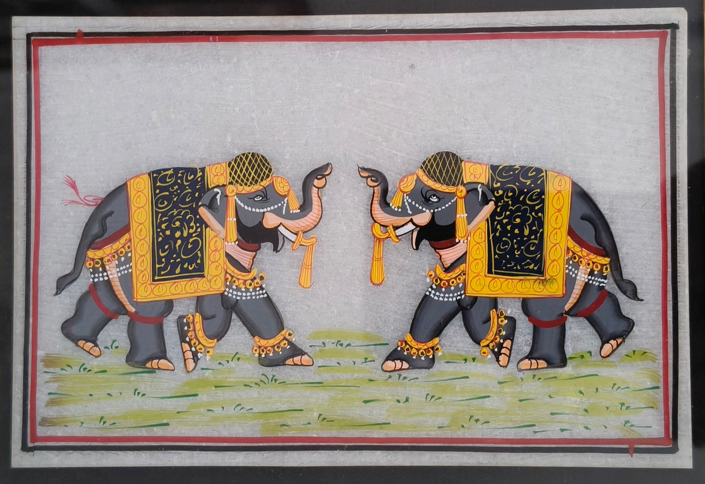 Royal Elephant Pair Marble Plate Painting – Handcrafted Rajasthani Miniature Wall Art
