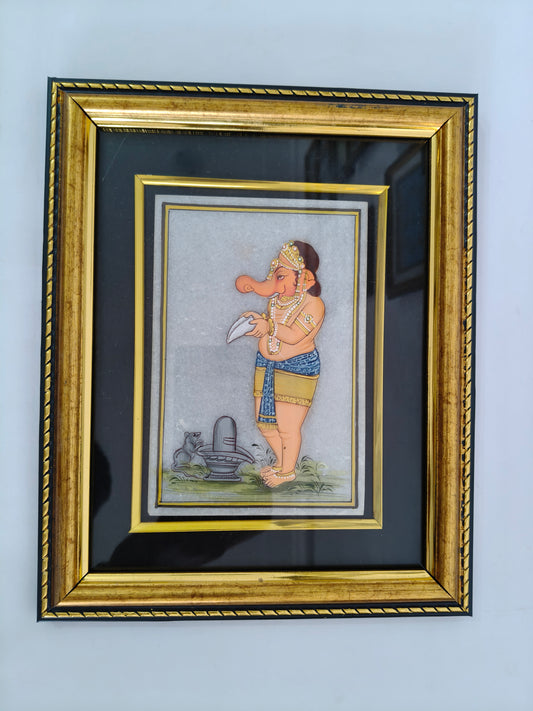 Lord Ganesha Marble Plate Painting – Handcrafted Traditional Miniature Art
