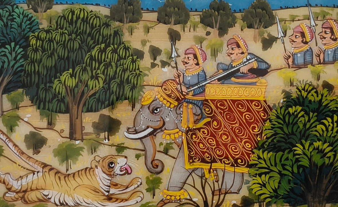 Royal Elephant and Tiger Encounter Marble Plate Painting – Handcrafted Heritage Artwork
